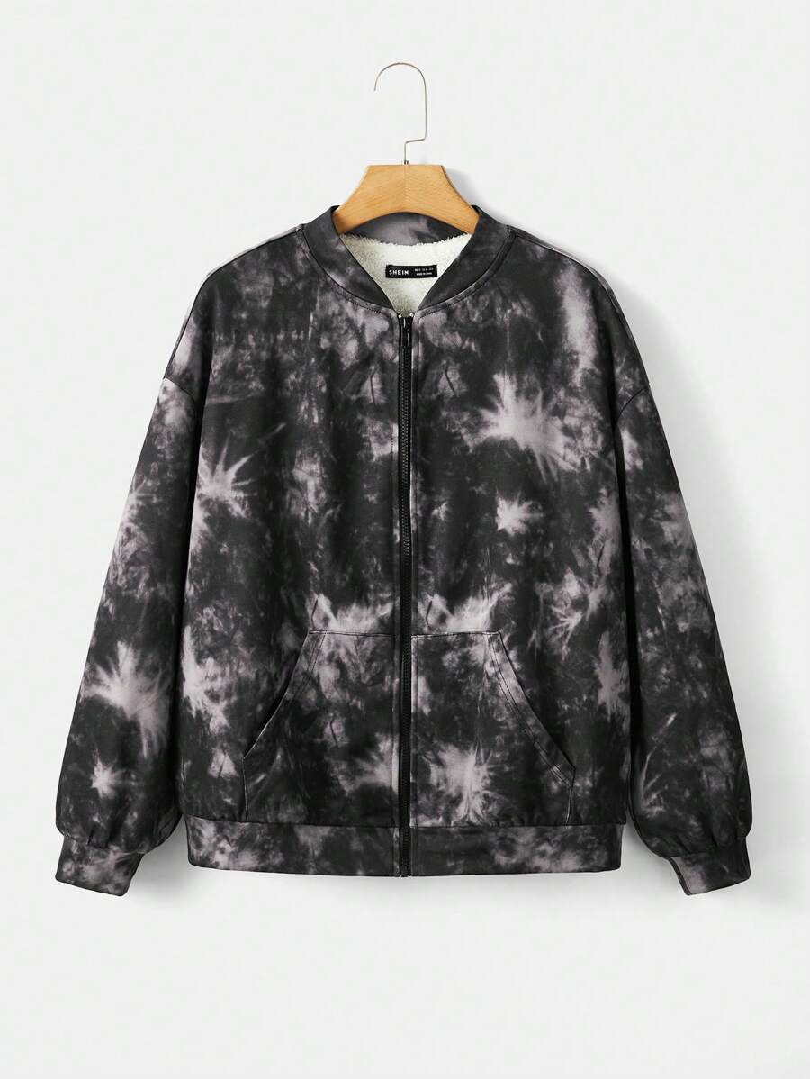 SHEIN EZwear 大碼紮染落肩飛行員夾克 - 黑色 - 查看 1