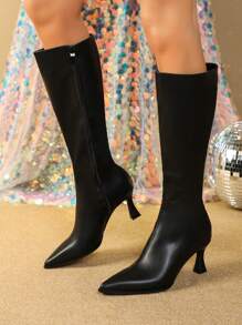 Style With Black Dress,Women's Black Boots Fashion Boots Autumn And Winter Leather Sexy Boots Sweater Boots Match Skirt,Knee High Boots,High Heels - Black - View 5