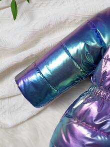 Baby Girls Holographic Fuzzy Trim Hooded Padded Coat - Multicolor - View 4