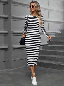 SHEIN LUNE Vestido estilo camiseta con estampado de rayas - Multicolor - Ver 4