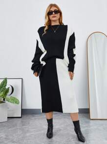 SHEIN Essnce 大碼雙色落肩袖毛衣和針織裙 - 黑與白 - 查看 5