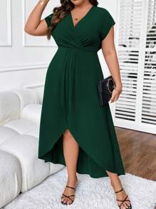 SHEIN Clasi 女士纯色裹身下摆连衣裙 - 墨綠色 - 查看 5