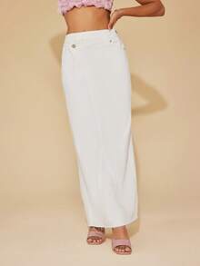 SHEIN BAE High Waist Button Detail Denim Skirt - White - View 6
