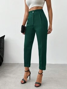 SHEIN Cottnline بنطلون بدلة خصر عالي جيب مائل - أخضر داكن - مشاهدة 4