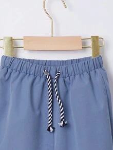 SHEIN 男小童腰部抽繩加絨內裏長褲 - 藍色 - 查看 3