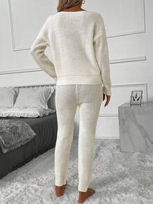 SHEIN Essnce 落肩袖套頭毛衣&腰部抽繩針織長褲 - 白色 - 查看 2