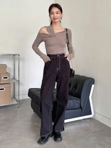 DAZY 扭纹前部不对称领口 T 恤，秋季服装长袖女式上衣 - 咖啡棕 - 查看 6