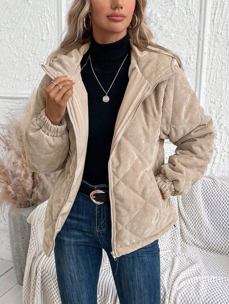 SHEIN LUNE Áo khoác đệm ấm mùa đông có mũ trùm đầu dành cho nữ có khóa kéo - Màu be - Xem 1