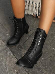 女性時尚踝靴帶粗跟高跟鞋,十字交叉薄背帶和小腿中部風格,大碼可用 - 黑色 - 查看 3