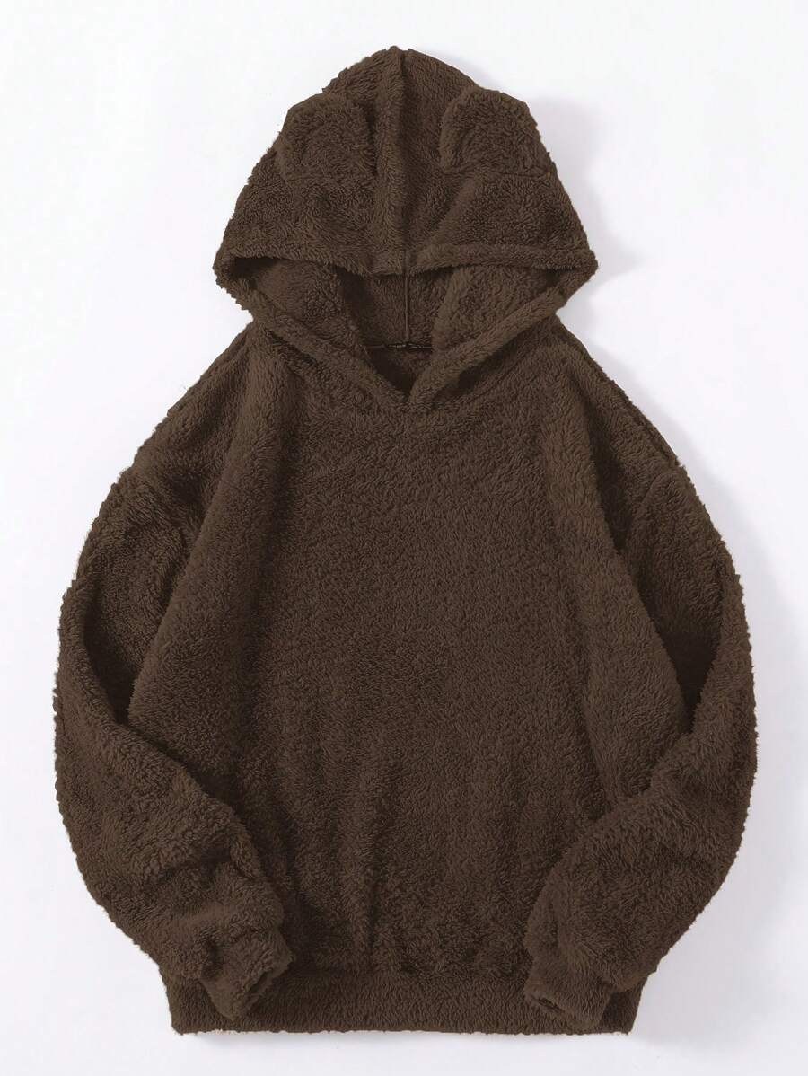 SHEIN LUNE Solid Teddy Hoodie - Coffee Brown - View 1