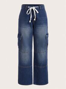 SHEIN MOD Drawstring Waist Flap Pocket Side Cargo Jeans - Medium Wash - View 1