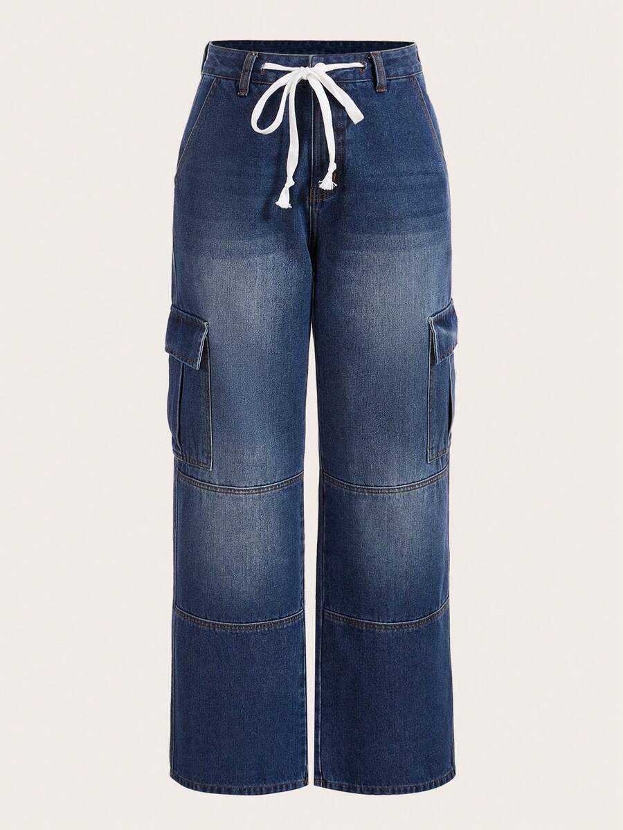 SHEIN MOD Drawstring Waist Flap Pocket Side Cargo Jeans - Medium Wash - View 1
