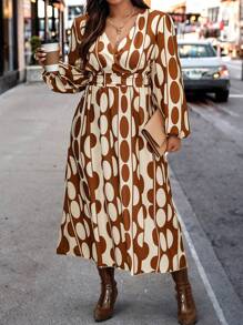 SHEIN Clasi Plus Allover Print Surplice Neck Dress - Brown - View 4