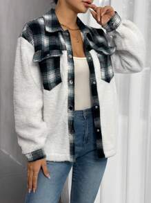 SHEIN Unity Plaid Print Drop Shoulder Flap Pocket Teddy Coat - Multicolor - View 3