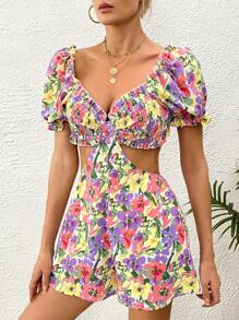 Soleia 印花腰部鏤空連身短褲 - 紫色 - 查看 5