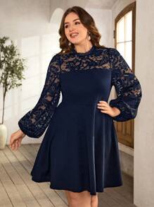 SHEIN Clasi 大碼蕾絲拼接燈籠袖洋裝 - 藏蓝色 - 查看 4