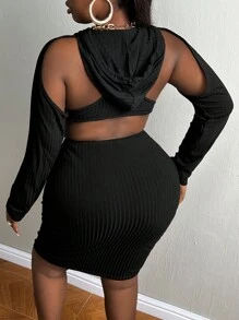 Slaydiva Plus Drawstring Detail Ribbed Knit Bodycon Dress With Arm Sleeves