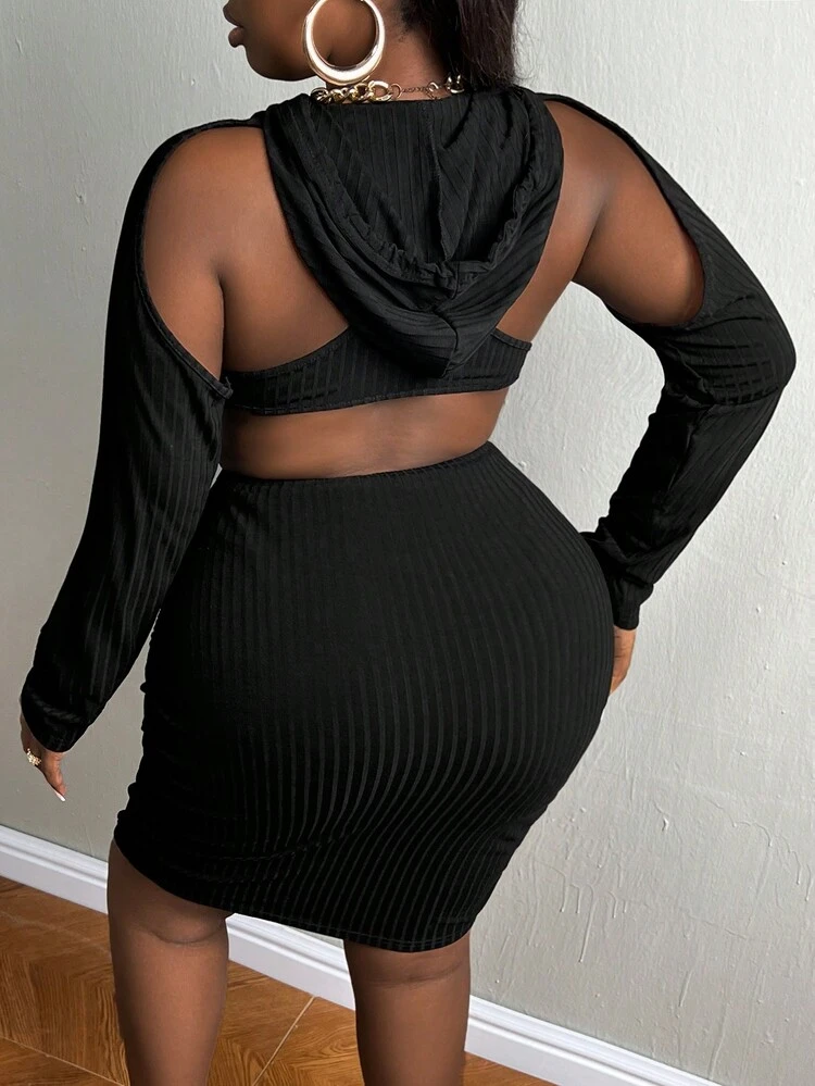 Plus Drawstring Detail Ribbed Knit Bodycon Dress With Arm Sleeves