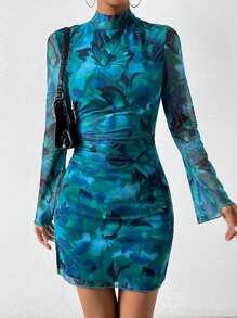 Zolique Allover Print Mock Neck Ruched Bodycon Dress