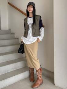 DAZY Áo thun tay dài họa tiết chữ Raglan tương phản dành cho nữ, Quần áo mùa thu cho nữ - Đen và trắng - Xem 12