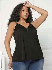 SHEIN CURVE+ 大碼前拉鍊素色吊帶上衣 - 黑色 - 查看 4