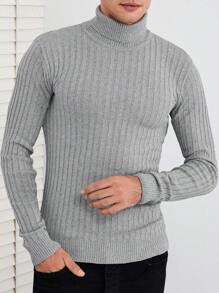RueChic Men High Neck Ribbed Knit Sweater - Grey - View 1