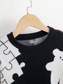 SHEIN Tween Boy Cartoon Pattern Two Tone Sweater - Black - View 3
