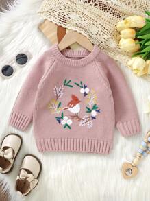 Baby Girl Floral & Rabbit Pattern Raglan Sleeve Sweater - Pink - View 1
