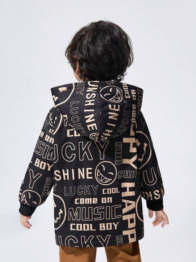 Young Boy Cartoon and Letter Graphic Teddy Lined Hooded Coat