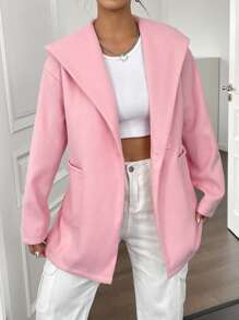 SHEIN Essnce 素色腰帶連帽花呢外套 - 粉色 - 查看 6