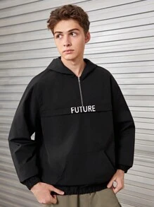 SHEIN Teen Boy Letter Graphic Half Zip Hooded Jacket - Black - View 1
