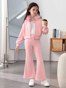SHEIN 女大童1入組落肩袖拉鍊開襟毛茸邊連帽夾克和1入組喇叭褲 - 粉色 - 查看 5