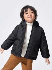SHEIN Young Boy Slant Pockets Hooded Teddy Lined Padded Coat Without Sweater - الأسود - مشاهدة 6