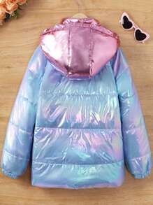SHEIN Niña preadolescente Chaqueta acolchada con capucha con cremallera y bloques de color sin suéter - Multicolor - Ver 2
