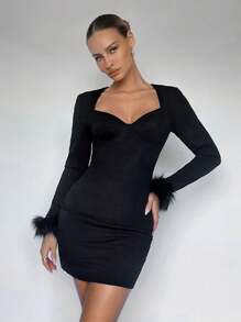 Maija Sweetheart Neck Fuzzy Cuff Bodycon Dress - Black - View 5