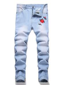Teen Boy Floral Embroidery Jeans - Blue - View 1