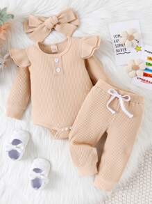女嬰荷葉邊連身背心&前蝴蝶結衛褲＆ 頭巾
