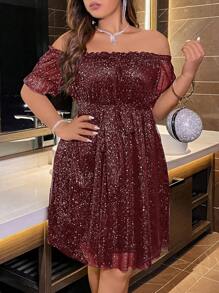 Talla grande Vestido de hombros descubiertos ribete fruncido con lentejuelas - Burdeos - Ver 1