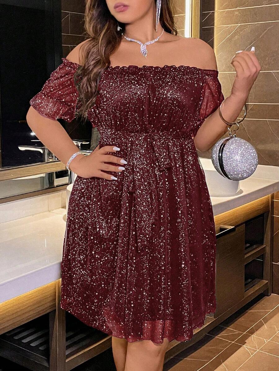 Talla grande Vestido de hombros descubiertos ribete fruncido con lentejuelas - Burdeos - Ver 1