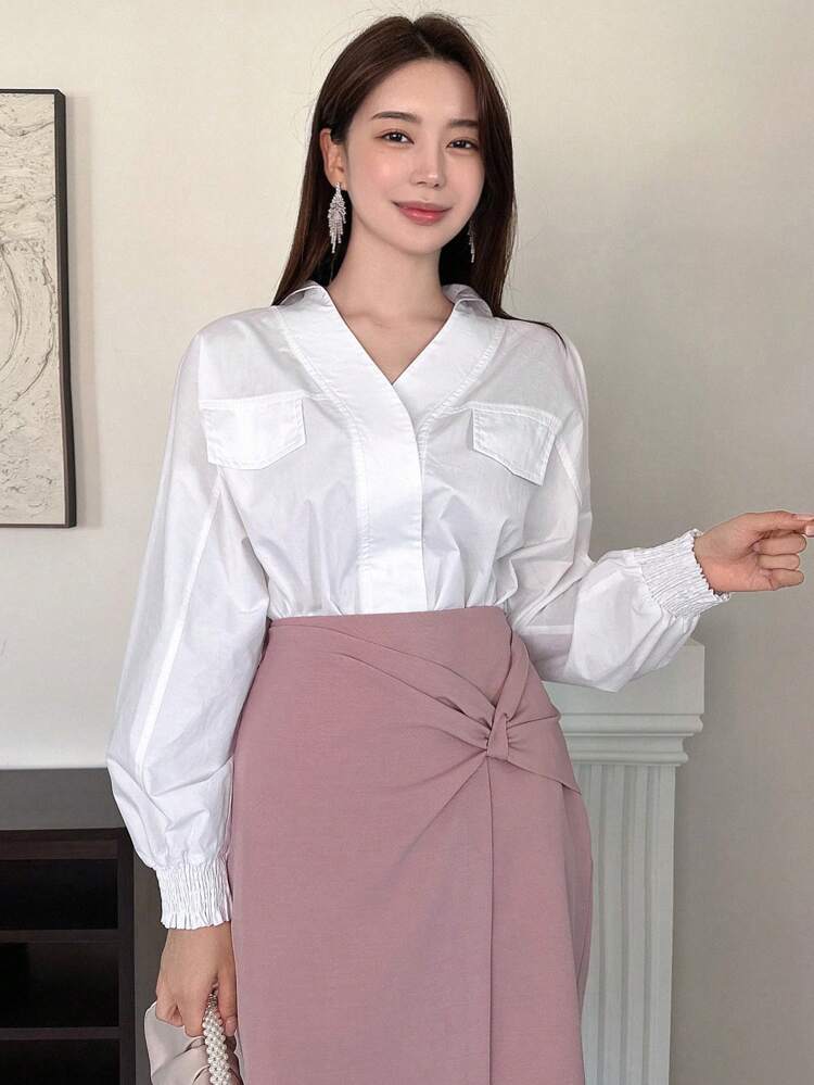 Flap Detail Drop Shoulder Shirt Long Sleeve Top