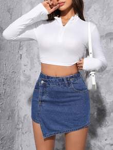 SHEIN PETITE High Waist Asymmetrical Hem Denim Skort - Dark Wash - View 3