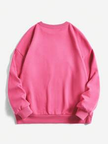 SHEIN EZwear 休闲简约正面印花宽松圆领长袖运动衫，加大码 - 玫紅色 - 查看 3