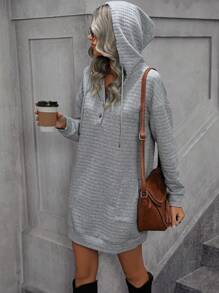 SHEIN Essnce Kangaroo Pocket Drop Shoulder Drawstring Hooded Dress - Grey - View 6