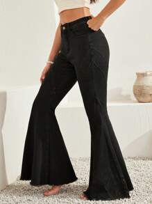 Bohemela Raw Hem Flare Leg Jeans - Black - View 1