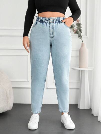 EURMUSE Plus Paperbag Midja Mamma Passform Jeans