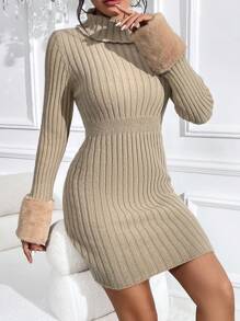 Chiquease Turtleneck Fuzzy Cuff Sweater Dress - Khaki - View 6