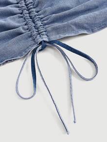 SHEIN MOD Plus Drawstring Front Lantern Sleeve Crop Denim Top - Light Wash - View 4