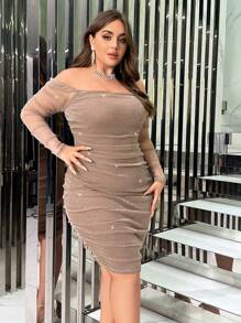SHEIN Privé Talla grande Vestido ajustado de hombros descubiertos fruncido brillante