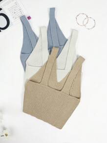 SHEIN Essnce 3pcs Chất rắn Đồ đan Ribbed Áo - Nhiều màu - Xem 2