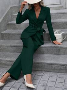 SHEIN Clasi Solid Belted Blazer & Pants - Dark Green - View 6